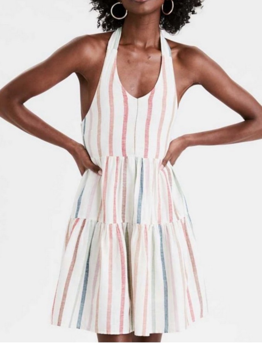 American Eagle Multi-Stripe Tiered Halter Cotton Linen Sundress